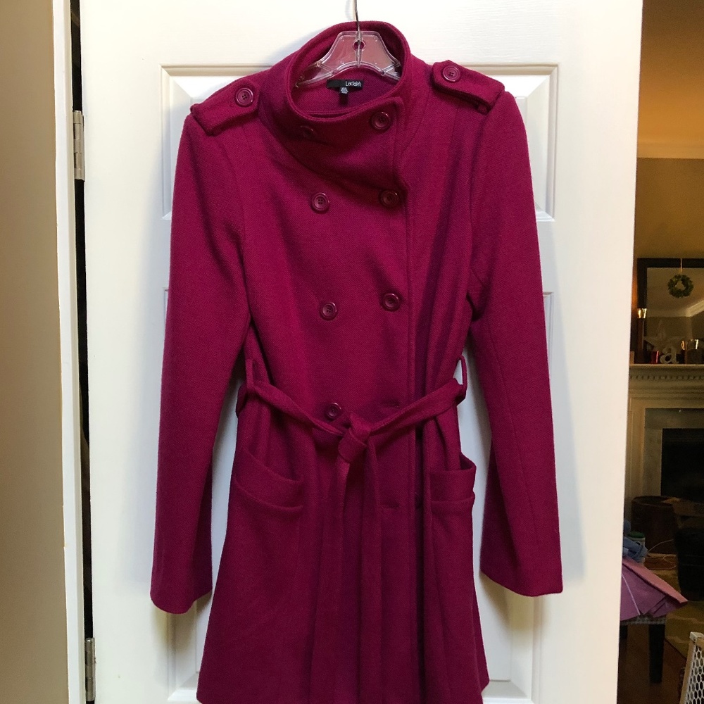 Women's belted overcoat, size 6, deep pink/cranberry